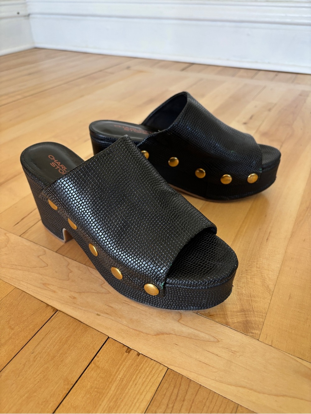 Charlotte Stone - Black Studded Platform Slide Sandals
